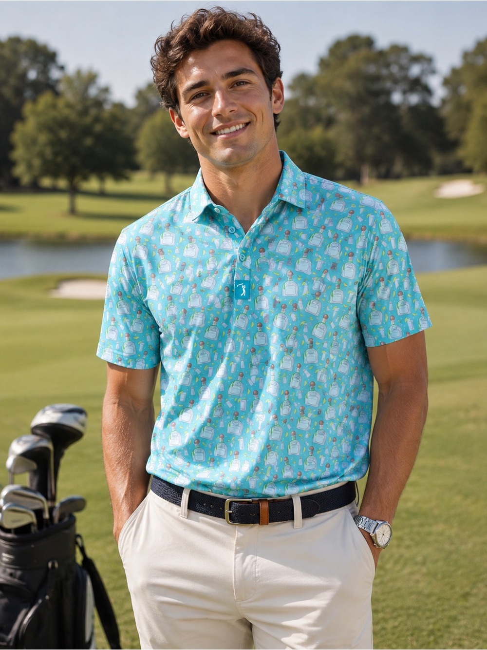 Men's Aqua Short-Sleeve Printed Performance Polo